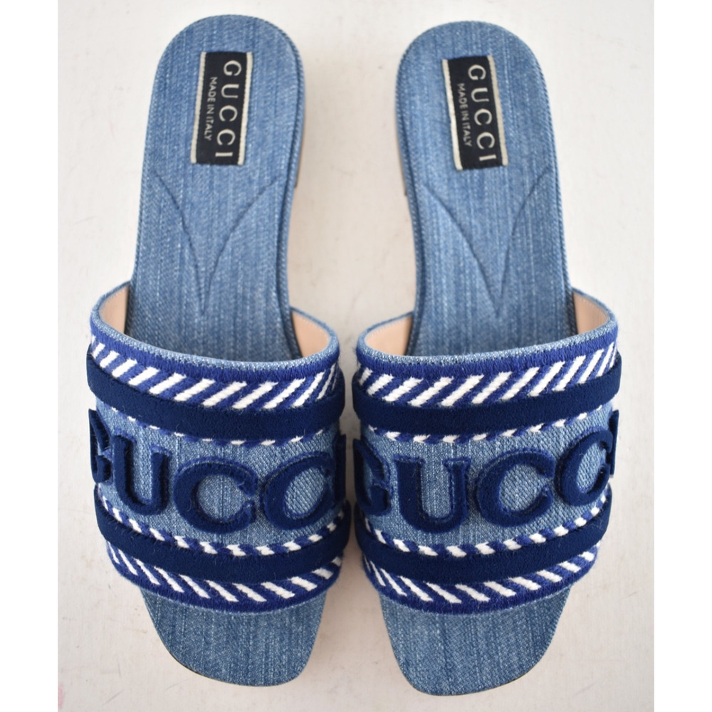 Gucci Jane Light Blue Denim Velvet Logo Mule Flat Slide Slip On Sandal 37 - Picture 12 of 16